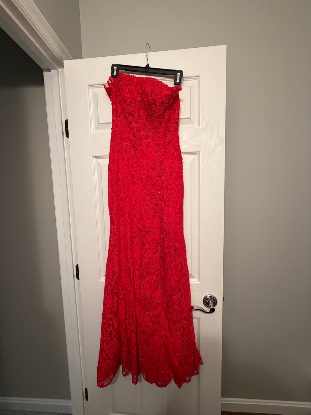 Mori Lee Strapless Red Lace Gown